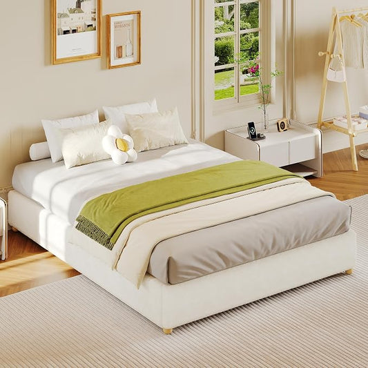 Full Size Cloud Bed Frame，Teddy Fleece Low Bed Frame Without Headboard, Thick Boucle Fabric Upholstered Platform Bed, Solid Wood Legs, No Box Spring Needed, Never Squeak, Easy Assembly, Cream
