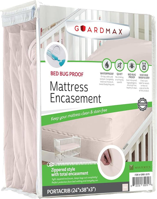 Guardmax Portacrib Mattress Encasement with Zipper, Waterproof, Bed Bug Proof, and Dust Mite Proof Mattress Protector for Portacrib Bed up to 3" Deep, Zippered all around Jersey Knitted Mattress Cover