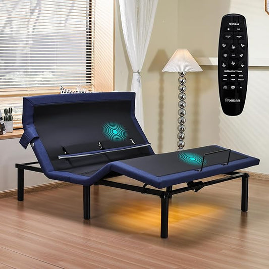Fromann Adjustable Queen Bed Base Frame with Head and Foot Lift, Lumbar Support, Massage, Under-Bed Lights,Left Right USB+C, Memory Positions, Zero Gravity