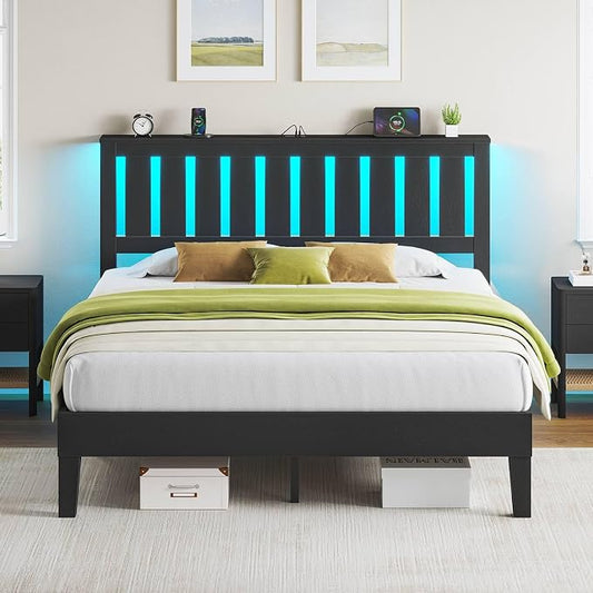 Rolanstar Queen Bed Frame with Headboard, Built-in USB & Type-C Charging, RGB LED Lights, 800LBS Wood Slat Support, Under-Bed Storage, No Box Spring Needed, Easy Assembly