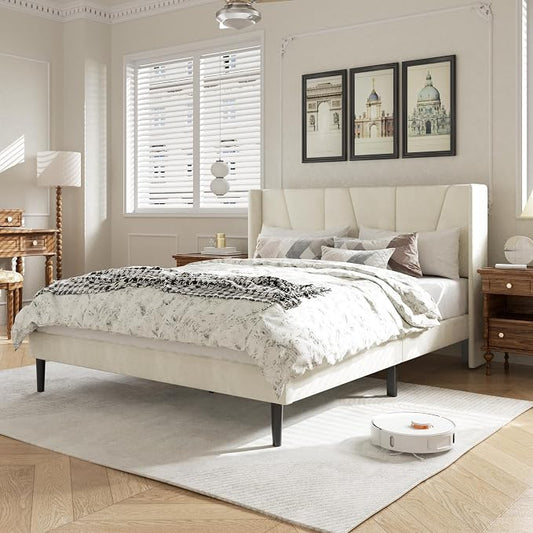 HAOARA Queen Size Bed Frame with Headboard, Velvet Upholstered Platform Bed Frames, Contemporary Mattress Foundation, Noise Free, No Box Spring Needed, Easy Assembly, Beige