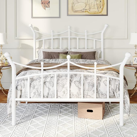 Allewie 14 Inches Twin Size Metal Platform Bed Frame with Elegant Crown Iron-Art Headboard & Footboard, Sturdy Mattress Foundation with Under-Bed Storage, Easy Assembly, No Box Spring Needed, White