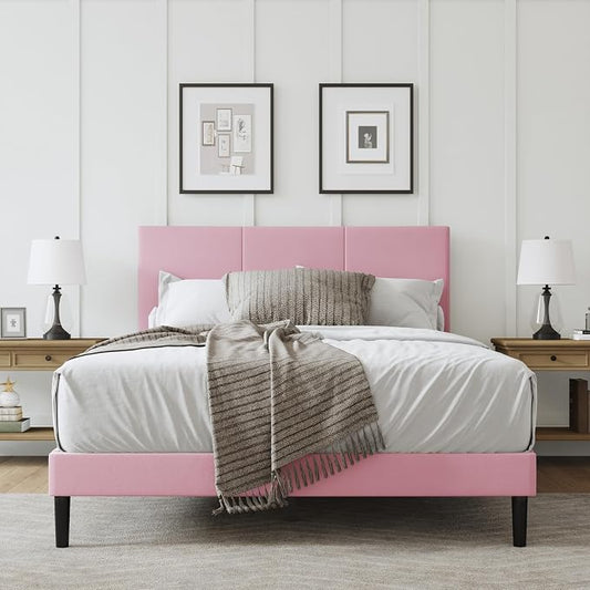 Full Size Bed Frame with Headboard, Velvet Upholstered Platform Bed Frame, Sturdy Slatted Support for Springless Mattresses, Silent Operation, Easy to Assemble, Pink