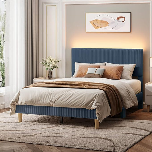 Bestier Full Bed Frame with Adjustable Headboard, LED Lighting, Vertical Channel Tufted Corduroy Upholstered, Solid Wooden Slats Support, No Box Spring Needed, Never Squeaks, Easy Assembly,Blue