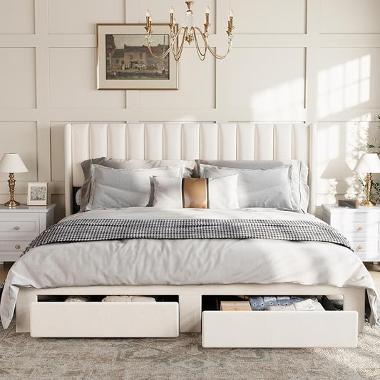 Garvee King Size Bed Frame, Velvet Upholstered Bed Frame with Wingback Headboard, 2 Storage Drawers, No Box Spring Needed, White