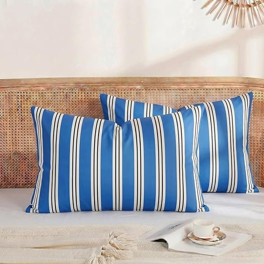 Merryword Queen Size Pillowcases, 100% Cotton Pillow Cases, Blue Striped Pillowcases, Soft Breathable Ribbon Stripe Pillow Covers, Set of 2