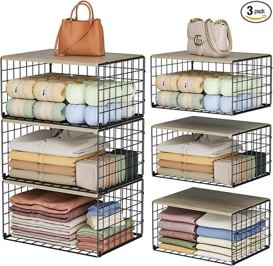 Extra-Long, Low-Profile Closet Organizers and Storage with Wood Top, 3 Pack Stackable Closet Shelf Organizer, Space-Saving Clothes Storage Bin for Wardrobe & Bedroom & Small Spaces, Sturdy Metal Black
