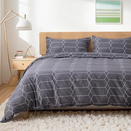 TOCOMOA Plaid Duvet Cover Set 100% Natural Cotton Soft Comfy Breathable 3 Piece Grey and White Pattern Printed Comforter Cover Bedding Set (Queen 90"x90", Comforter Not Included)
