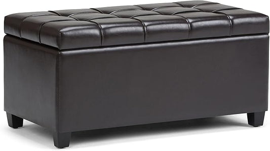 SIMPLIHOME Sienna Storage Ottoman Bench - 33 inch Wide Upholstered Vegan Leather Rectangle Storage Ottoman Bench in Chocolate Brown, Transitional Tufted Ottoman for Living Room with Lift Top