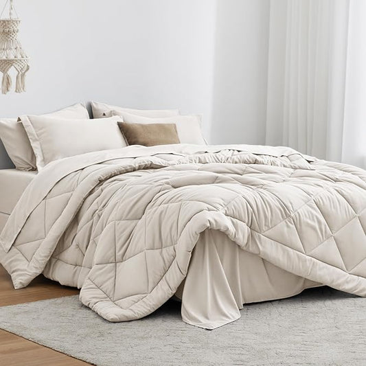 Love's cabin Twin XL Comforter Set Off White, 5 Pieces Twin XL Bed in a Bag, All Season Bedding Sets with 1 Comforter, 1 Flat Sheet, 1 Fitted Sheet, 1 Pillowcase and 1 Pillow Sham | Soft, Breathable, Lightweight, Comfortable