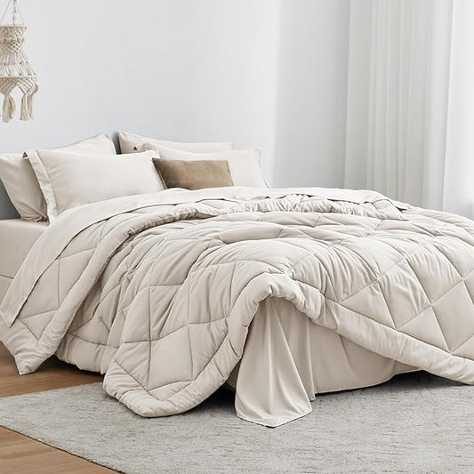Love's cabin California King Comforter Set Off White, 7 Pieces California King Bed in a Bag, All Season Bedding Sets with 1 Comforter, 1 Flat Sheet, 1 Fitted Sheet, 2 Pillowcase and 2 Pillow Sham | Soft, Breathable, Lightweight, Comfortable