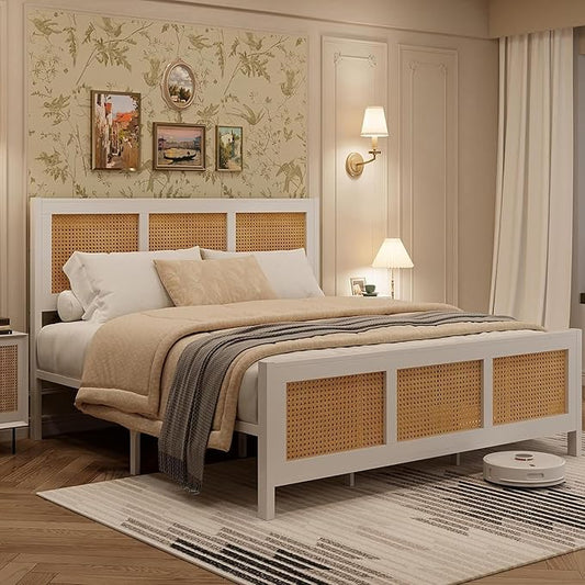 IDEALHOUSE Rattan Bed Frame with Headboard, Boho Queen Bed Frame with Strong Metal Slats Support, No Box Spring Needed, Noise-Free Design, White