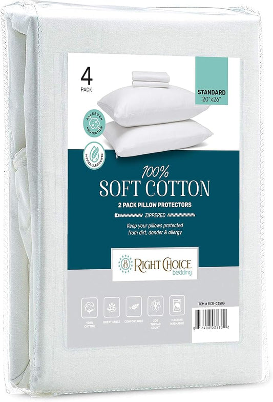 Cotton Pillow Protectors with Zipper. Standard Size 20x26 (Set of 4)