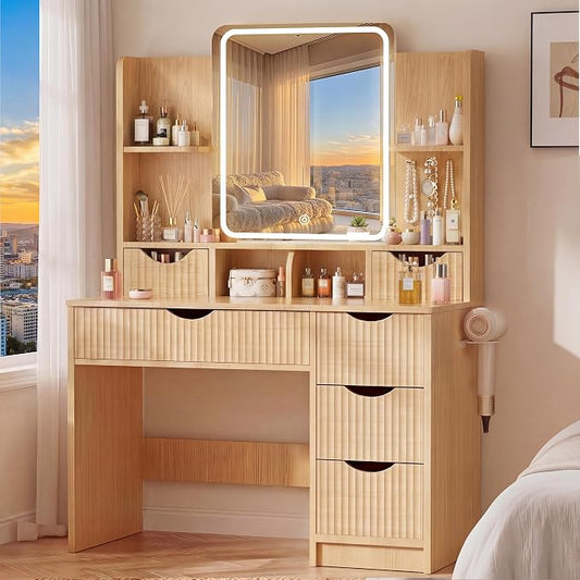 Vanity Desk with Mirror and Lights, Makeup Vanity Table with Large 6 Drawers Modern Fluted Wooden Dressing Table with Jewelry Hook 3 Color Modes Adjustable LED Mirror for Women Girls Bedroom or Dorm