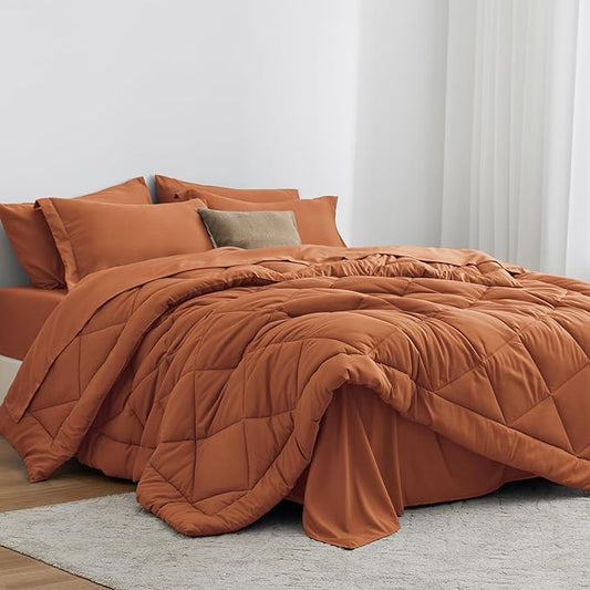 Love's cabin Queen Comforter Set Terracotta, 7 Pieces Queen Bed in a Bag, All Season Bedding Sets with 1 Comforter, 1 Flat Sheet, 1 Fitted Sheet, 2 Pillowcase and 2 Pillow Sham | Soft, Breathable, Lightweight, Comfortable