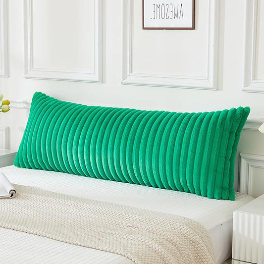 JAUXIO Faux Fur Fluffy Body Pillow Cover Luxury Textured Vertical Stripe Plush Decorative Body Pillowcase, Ultra Soft and Cozy Zipper Closure 21 x 54 Inches, Emerald Green