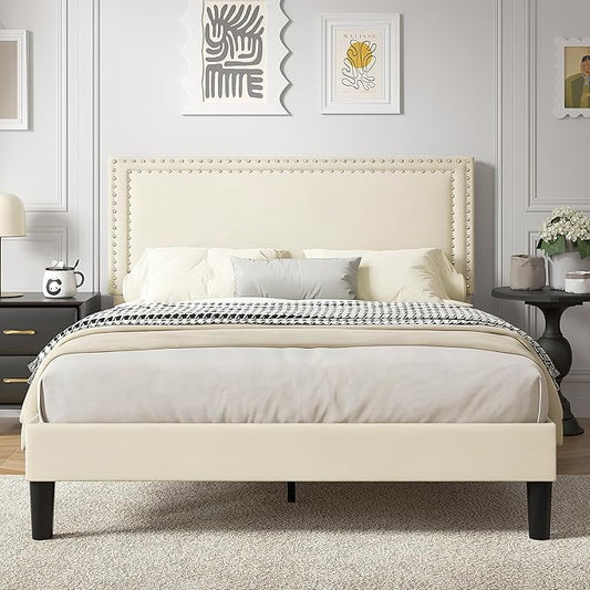 VECELO Full Size Platform Bed Frame with Height Adjustable Upholstered Headboard, Modern Mattress Foundation,Strong Wood Slat Support, No Box Spring Needed, Easy Assembly,Beige