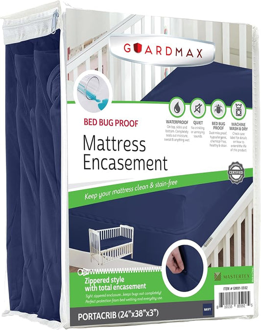 Guardmax Portacrib Mattress Encasement with Zipper, Waterproof, Bed Bug Proof, and Dust Mite Proof Mattress Protector for Portacrib Size Bed up to 3" Deep, Zippered All Around Jersey Knitted Cover