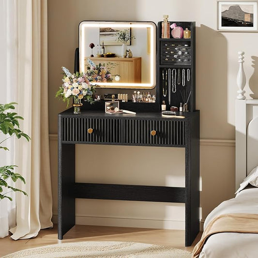 Memobarco Fluted Vanity Desk with Mirror and Lights, Small Makeup Vanity with 2 Drawers and Jewelry Storage Cabinet, 3 Lighting Modes Adjustable Brightness, Dressing Table for Bedroom - Black