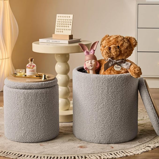 BLEXA Round Ottoman with Storage Set of 2 - Upholstered Sherpa Vanity Stool for Makeup Multifunctional Ottomans Coffee Table Padded Seat Foot Rest for Living Room & Bedroom (Sherpa Gray)