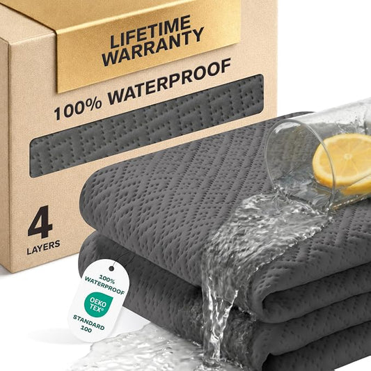 100% Waterproof Queen Mattress Protector - 360 Pad Protection Against Spills, Stains & Accidents for Parents & Pet Owners - Noiseless & Cooling Viscose Made from Bamboo (Grey)