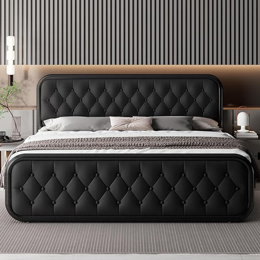 Feonase King Size Bed Frame, Upholstered Bed Frame with Faux Leather Headboard, Heavy Duty Platform Bed with Strong Metal Slats, 12 Inch Under-Bed Storage, Noise-Free, Easy Assembly, Black