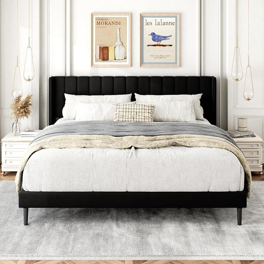 Gruwans King Size Bed Frame with Wingback Headboard, Upholstered Platform Bed, No Box Spring Needed, Sturdy Wooden Slat Support, Easy Assembly, Black
