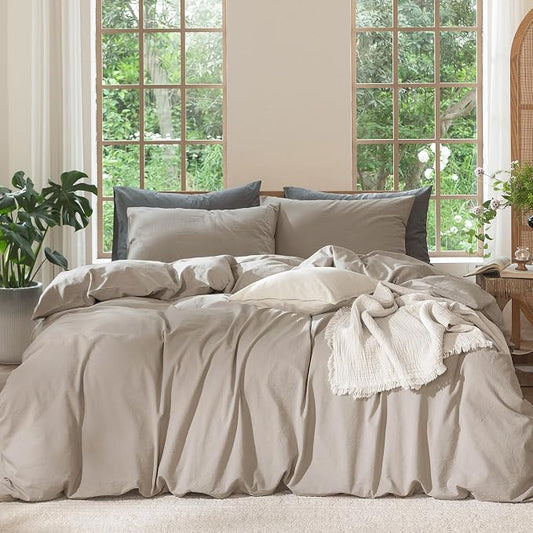MooMee Bedding Duvet Cover Set 100% Washed Cotton Linen Like Textured Breathable Durable Soft Comfy (Solid Light Tan, Super King 108"x98")