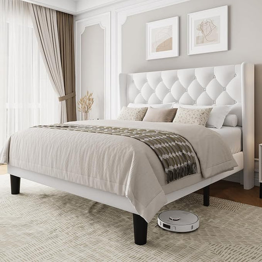 Einhomn Full Size Platform Bed Frame with Velvet Upholstered Wingback Headboard, 11" Under Bed Space, Wooden & Metal Slats Support, No Box Spring Needed, White