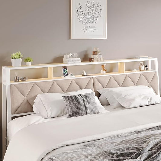 Queen Headboard Only, Headboard for Queen Size Bed with Storage, Upholstered Headboards with LED Lights & Charging Station, Attach Frame, Ideal for Bedroom/Dorm/Guest Room, White & Beige