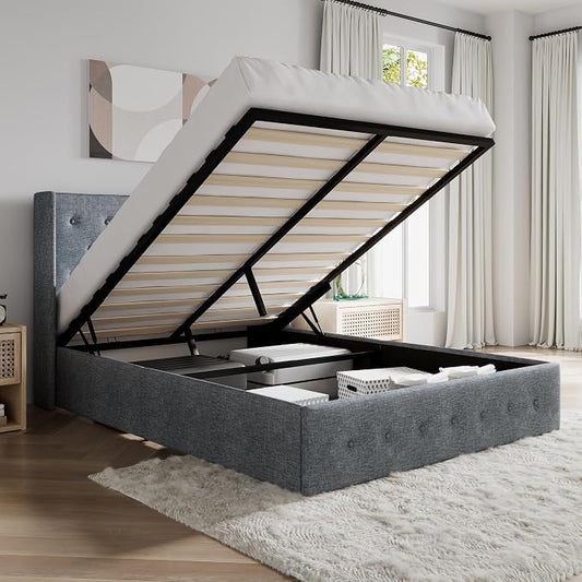 SHA CERLIN Queen Size Lift Up Storage Bed Frame,Button Tufted Wingback Headboard,Upholstered Platform,Hydraulic Storage,Wooden Slat Support,No Box Spring,Grey Blue