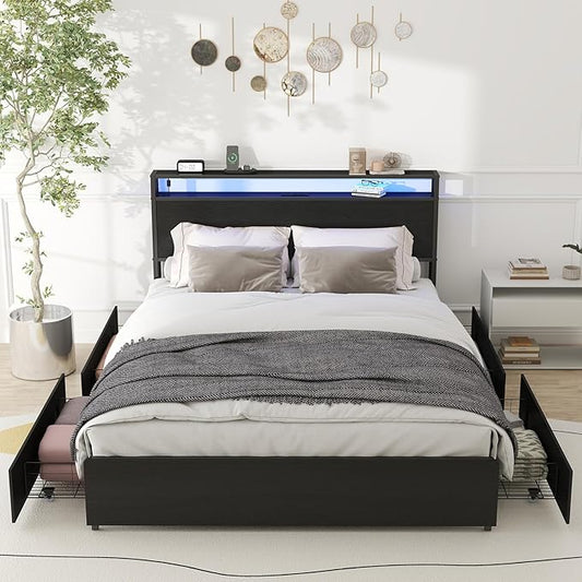 Zevemomo Queen Bed Frame with 4 Storage Drawers, Queen Size Bed Frame with Headboard, LED, Charging Station with USB Ports & AC Outlets, Sturdy Metal Slat Support, No Noise, Black