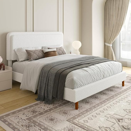 Queen Size Boucle Platform Bed Frame with Adjustable Headboard, Upholstered Cloud Bed, Solid Wooden Legs, Easy Assembly, No Box Spring Needed, White