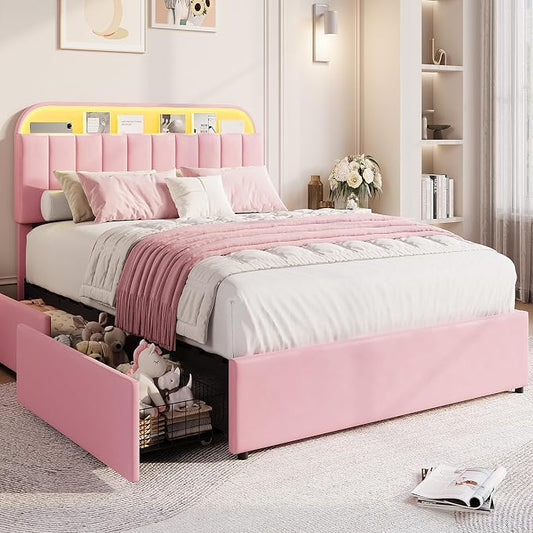 GarveeHome Full Bed Frame with Storage Headboard, Kids Bed Frame with 2 Drawers, Velvet Upholstered Platform Bed Frame with Lights, No Box Spring Needed, Easy Assembly, Velvet Pink