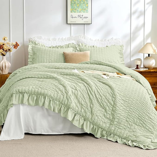 JOLLYVOGUE Sage Green Queen Comforter Set, 3 Pieces Seersucker Comforters Queen Size, Lightweight & Fluffy Bedding Sets Queen for All Season with 1 Ruffle Comforter and 2 Ruffle Pillowshams