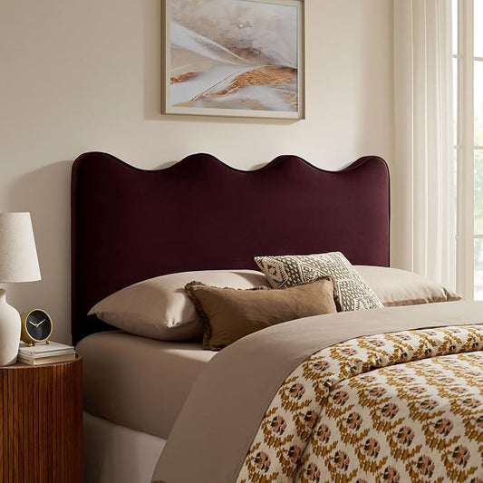 Monday Athena King Size Performance Velvet Adjustable Headboard in Mulberry - with Scalloped Wave Design and Stain-Resistant Velvet Upholstery