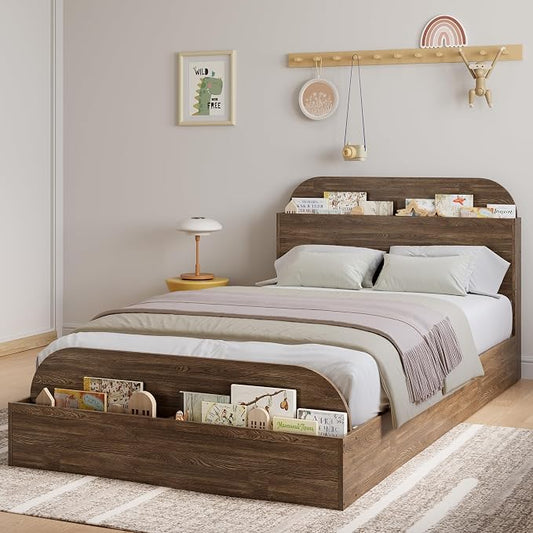 Garvee Twin XL Size Bed Frame with Storage Headboard and Raised Footboard – Wooden Twin-Floor Low Platform Bed for Kids, Heavy Duty & Noise Free, No Box Spring Needed, Walnut