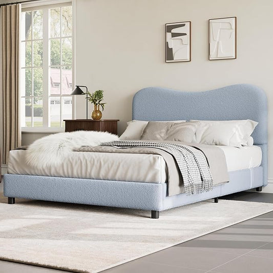 GarveeHome Boucle Full Size Bed Frame with Upholstered Headboard, Soft Low Profile Sturdy Platform Bed with Rounded Corners Design, Heavy Duty, Wooden Slats, Noise Free, No Box Spring Needed, Blue