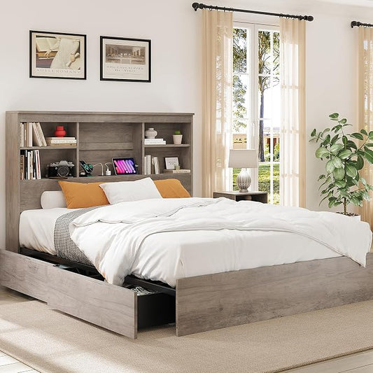 GarveeHome Queen Size Bed Frame with High Storage Bookcase Headboard, Wood Bed Frame with 4 Storage Drawers, Built in Charging Station, No Box Spring Needed, Metal Frame, Noise-Free, Grey