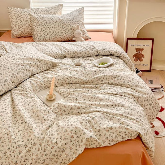 mixinni Boho Floral Girls Duvet Cover Set Twin Size Soft Cotton Comforter Cover Set Farmhouse Shabby Chic Flower Duver Cover for Women, 1 Cute Floral Duver Cover and 2 Pillowcases for All Seasons