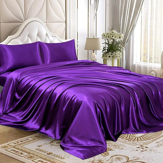 Homiest 4pcs Satin Sheets Set Luxury Silky Satin Bedding Set with Deep Pocket, 1 Fitted Sheet + 1 Flat Sheet + 2 Pillowcases (Cal King Size, Purple)