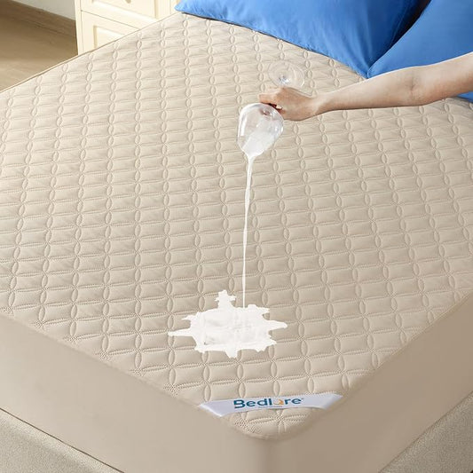 BEDLORE Waterproof Mattress Protector, Noiseless King Size Mattress Pad with Deep Pocket Fitted Up to 6-18 inches, Soft Breathable Dirt-Proof Bed Mattress Cover Washable for Bedroom, Hotel (Beige)