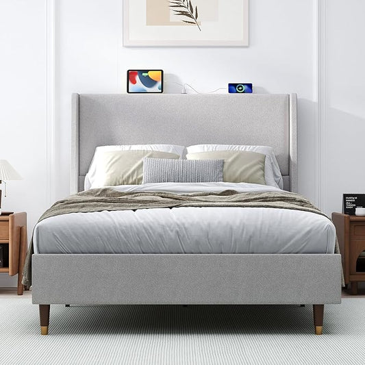 MALOL Full Size Bed Frame with Upholstered Headboard, Linen Fabric Platform Bed Frame with USB Charging Ports, No Box Spring Needed, Sturdy Metal Support, Noise Free, Modern Bedroom Furniture,Grey