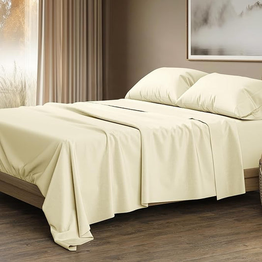 THREAD SPREAD 100% Egyptian Cotton Sheets Queen Size - Luxury 1500 Series Queen Sheet Set Egyptian Cotton (4 PC, Ivory), Silky Soft, Sateen Weave, Cooling & Breathable, 17" Deep Pocket Bed Set