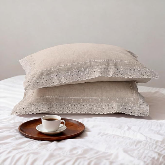 CHUFFED 100% French Linen Pillowcases with Embroidery Lace,French Vintage Style Stone Washed Breathable Pillow Covers King Size Set of 2 with Envelope Closure for Decor,20x36 inches, Natural Linen