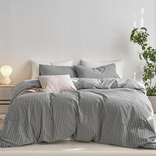 MooMee Striped Duvet Cover Set 100% Washed Cotton Linen Like Textured Breathable Durable Soft Comfy (Dark Grey White Wide Stripes, Super King Plus 120"x120")