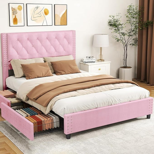 EVLIQUIL Bed Frame Queen Size with 4 Storage Drawers, Upholstered Headboard & Frame, Sturdy Metal Frame & Wood Slats, Platform Bed Frame No Box Spring Needed, Easy Assembly, Pink