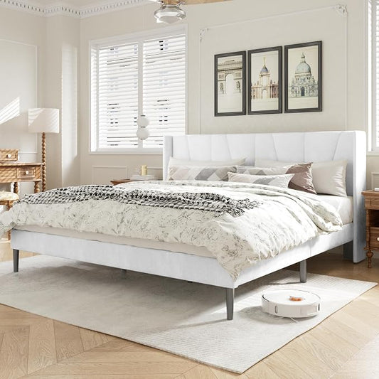 HAOARA King Bed Frame with Headboard, Velvet Upholstered Platform Bed Frames with Wingboard, Contemporary Mattress Foundation, Noise Free, No Box Spring Needed, Easy Assembly, White
