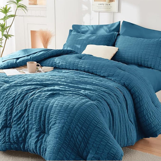 HYMOKEGE Teal Twin Comforter Set Seersucker 5 Pieces, All Season Luxury Bed in a Bag for Bedroom, Bedding Set with Comforters, Sheets, Pillowcase & Sham