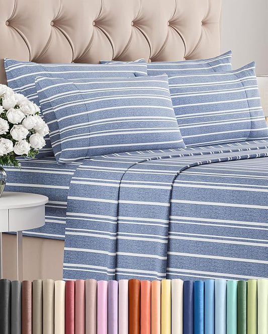 King 6 Piece Sheet Set - Comfy, Breathable & Cooling - Soft Hotel Luxury Bedding for Women, Men, Kids, Teens and Children - 1 Flat & 1 Fitted Sheet & 4 Pillowcases with Deep Pockets - Blue Stripes 3